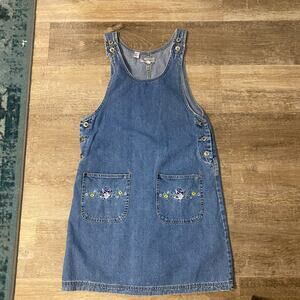 Vintage Paul Harris Denim Overall Jumper Dress Floral Embroidery Size S
